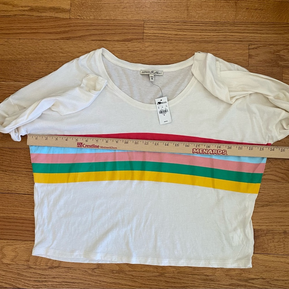 Express OneEleven Long Sleeve Tee Women’s Medium Cream Colorful Stripes Crop NWT - Picture 4 of 6